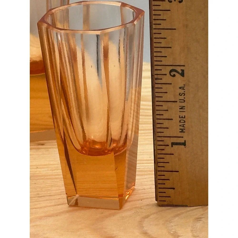 Vtg 30s Czech Bohemian Art Deco Moser Style Salmon Pink Faceted Vodka glasss 6